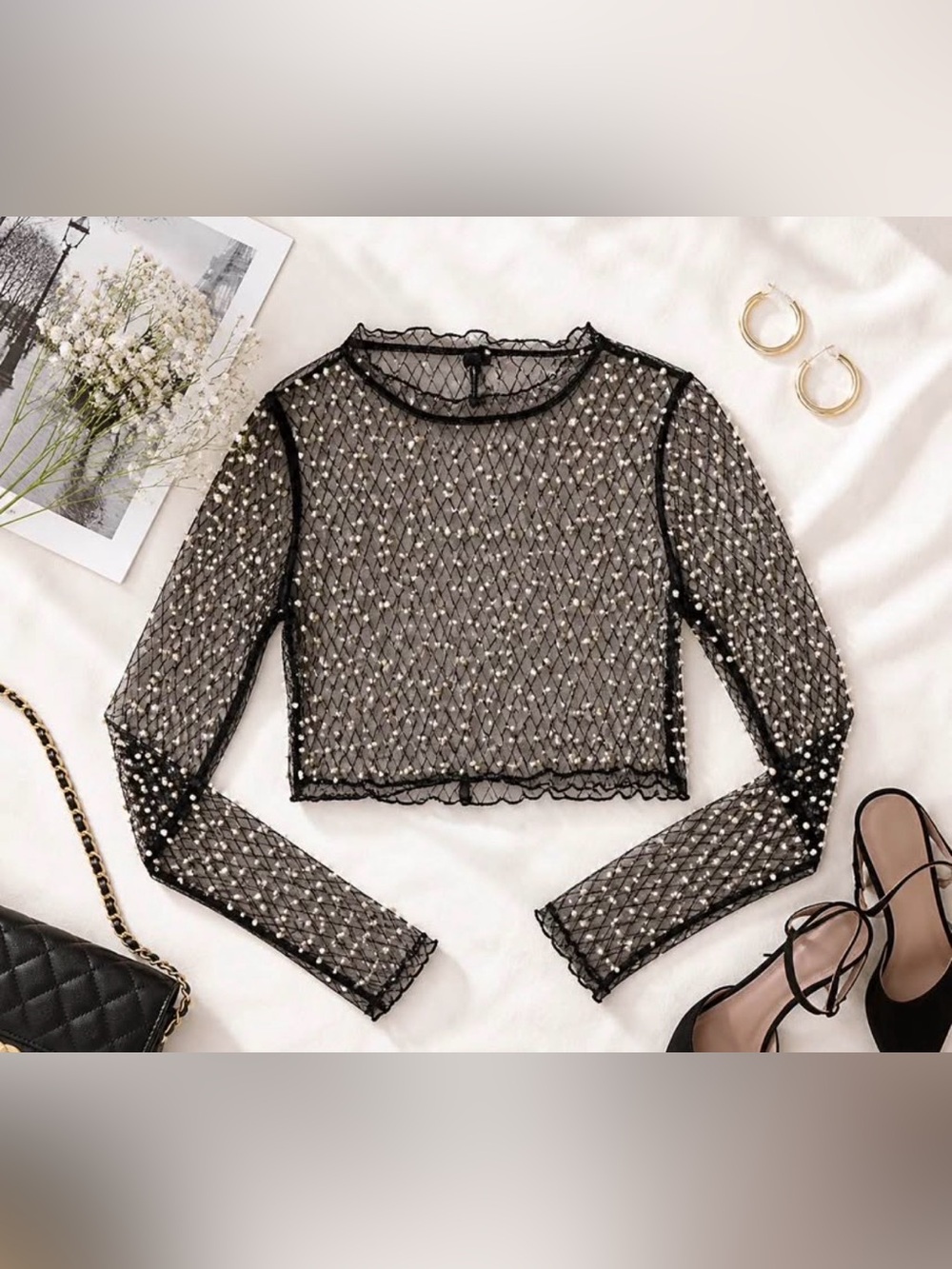Pearl Mesh Sheer Long Sleeve Top — Black (NWOT)